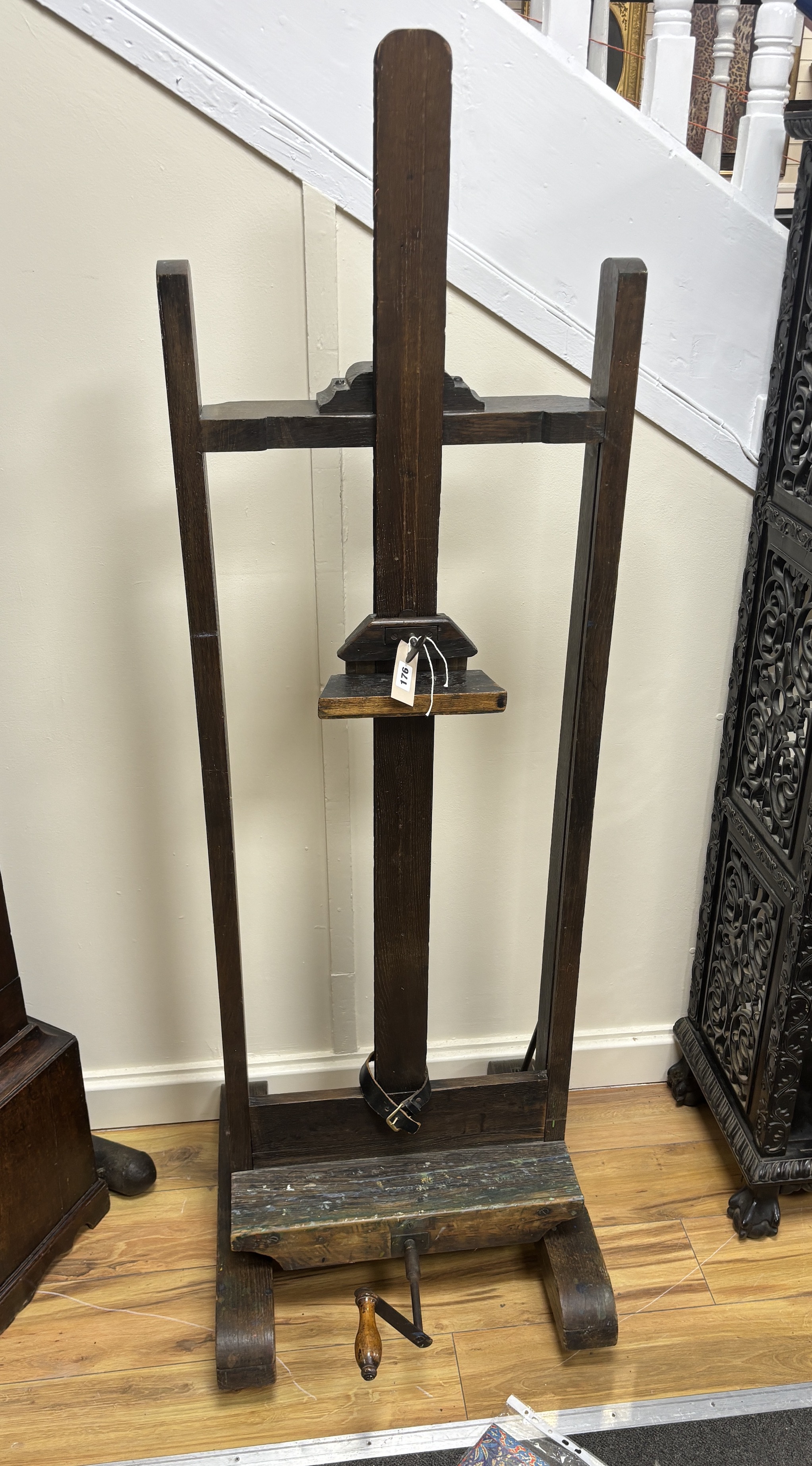 A 19th century oak artist's studio easel by Lechertier Barbe & Co, 60 Regent Street, London, width 50cm